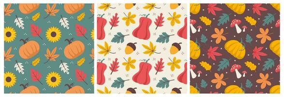 Set of Autumn Season Seamless Pattern Design with Fall Elements in Template Cartoon Flat Illustration vector