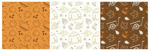 Set of Autumn Season Seamless Pattern Design with Fall Elements in Template Cartoon Flat Illustration vector