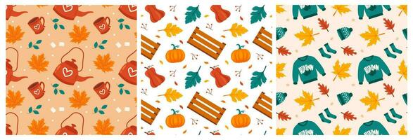 Set of Autumn Season Seamless Pattern Design with Fall Elements in Template Cartoon Flat Illustration vector
