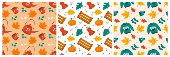 Set of Autumn Season Seamless Pattern Design with Fall Elements in Template Cartoon Flat Illustration vector