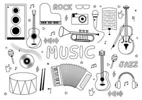 música elementos vector ilustración con varios de Nota y musical instrumentos moderno en plano niños dibujos animados mano dibujado antecedentes plantillas