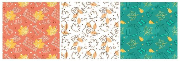 Set of Autumn Season Seamless Pattern Design with Fall Elements in Template Cartoon Flat Illustration vector