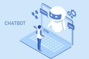 chatbot tecnología concepto, Pareja chateando con robot, preguntando preguntas y recepción respuestas ai asistente apoyo vector ilustración