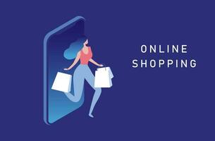 concepto de compras en línea, mujer que usa la ilustración de vector de compras de pedidos móviles