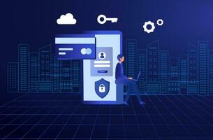 Cyber security and data protection privacy, PDPA concept. Businessman secure data management and protect data from hacker attacks and padlock icon to internet technology networking vector illustration