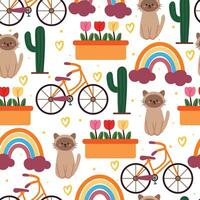 sin costura modelo dibujos animados gato, bicicleta, arco iris y planta. linda animal fondo de pantalla vector