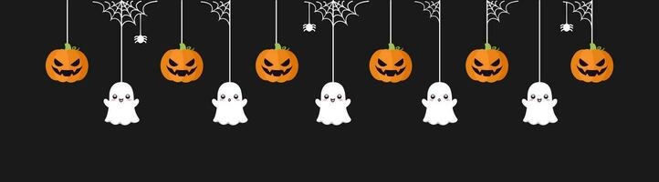 Happy Halloween border banner with ghost and jack o lantern pumpkins. Hanging Spooky Ornaments Decoration Vector illustration, trick or treat party invitation