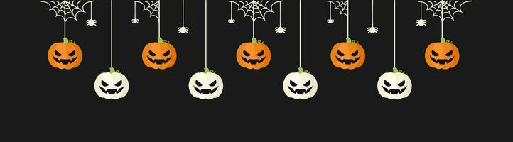 Happy Halloween border banner jack o lantern pumpkins hanging from spider webs. Spooky Ornaments Decoration Vector illustration, trick or treat party invitation