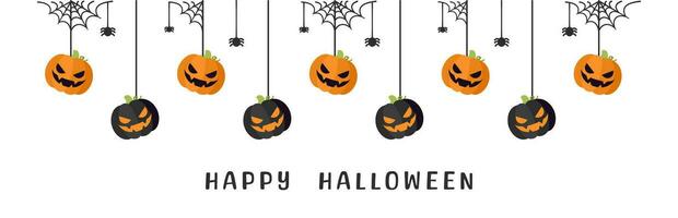 Happy Halloween border banner jack o lantern pumpkins hanging from spider webs. Spooky Ornaments Decoration Vector illustration, trick or treat party invitation