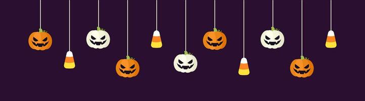 Happy Halloween border banner with candy corn and jack o lantern pumpkins hanging from spider webs. Spooky Ornaments Decoration Vector illustration, trick or treat party invitation