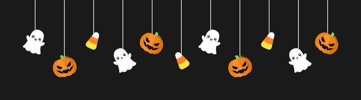 Happy Halloween border banner with ghost, candy corn and jack o lantern pumpkins. Hanging Spooky Ornaments Decoration Vector illustration, trick or treat party invitation