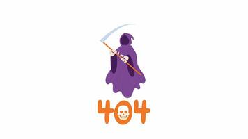 Grim reaper holding scythe 404 error animation. Floating Halloween death error message gif, motion graphic. Hooded monster flying animated character cartoon 4K video isolated on white background