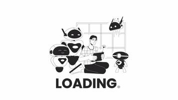 STEM robotics bw loading animation. Asian robotic engineer operates robots outline 2D cartoon character 4K video loader motion graphic. Technology engineering animated gif isolated on white background