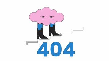 surrealista nube caminando arriba escalera en botas 404 error animación. cúmulo personaje pisar arriba error mensaje gif, movimiento gráfico. sueño animado dibujos animados línea concepto 4k vídeo aislado en blanco antecedentes video