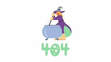 Halloween witch brewing bubbly cauldron 404 error animation. Magic cooking error message gif, motion graphic. Wizard lady boiling pot animated character cartoon 4K video isolated on white background