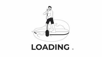 indiano uomo paddleboarding su lago nero e bianca Caricamento in corso animazione. tipo nel costumi da bagno in piedi su pagaia tavola schema 2d cartone animato personaggio 4k video caricatore movimento grafico. cenare Surf in attesa animato gif