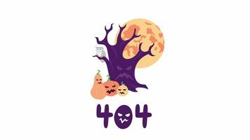 Halloween tree with scary pumpkins 404 error animation. Spooky forest with rising full moon error message gif, motion graphic. Creepy woods animated scene cartoon 4K video isolated on white background