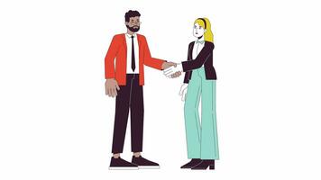 Man woman shaking hands line cartoon animation. Job interview hired diversity 4K video motion graphic. Job equality. Negotiating handshake 2D linear animated characters isolated on white background