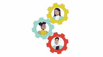 Teamwork gears line 2D animation. Women only business diverse 4K video motion graphic. Business team and cogs. Collaboration cog wheels linear animated cartoon flat concept, white background