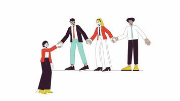 Office workers holding hands line 2D animation. Business people joining 4K video motion graphic. Diverse colleagues. Collaboration and teamwork linear animated cartoon flat concept, white background