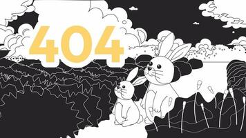 Rabbits in lavender field bw error 404 animation. Clouds gazing error message gif, motion graphic. Bunnies watch moving clouds animated characters outline 4K video isolated on white background