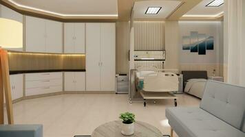 Hospital room with bed. There are facilities such as empty beds, dining tables with wheels, kitchen sets, guest beds, guest sitting sofas, cupboards and televisions. Modern hospital, 3D rendering. photo