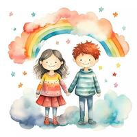 Set of happy kids playing together under rainbow. Happy children's day. Friendship theme. Watercolor style photo