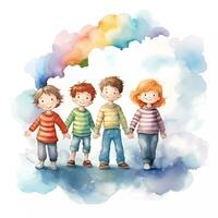 Set of happy kids playing together under rainbow. Happy children's day. Friendship theme. Watercolor style photo