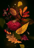 composición de vistoso caído otoño hojas en el aire, levitación en un negro antecedentes. rojo y naranja otoño hojas antecedentes. foto