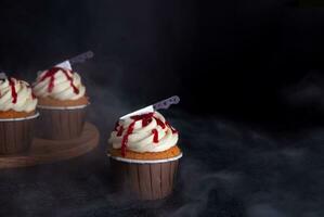 Close up photo of scary, bloody Halloween cupcakes. Black background. Food photo