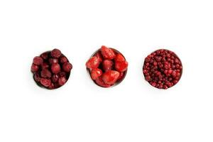 Frozen berries close up photo. Cherry, strawberry, cranberry. Flat lay photo