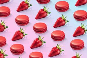 Strawberry macarons with strawberries pattern on gradient background isolated photo