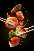 Sushi Rolls in assortment on the air. Concept of levitation. black background. photo