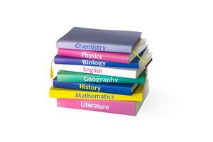 School colourfull textbooks isolated on white background. Basic school subjects mathematics, literature, physic,s chemistry photo
