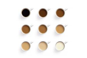 Square of coffee cups. Concept photo of a coffee lover from black to with milk Coffee banner