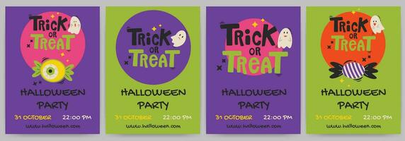 Halloween party. Greeting cards or posters set with calligraphy, trick or treat. vector