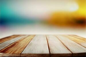 a wooden table top with a blurry background photo