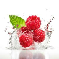 Fresh raspberry in water splash on white backround. Juicy fruit. Generative AI photo