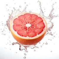 Fresh grapefruit in water splash on white backround. Juicy fruit. photo