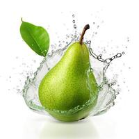 Fresh green pear in water splash on white backround. Juicy fruit. Generative AI photo