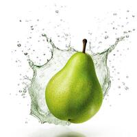 Fresh green pear in water splash on white backround. Juicy fruit. photo