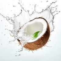 Fresh coconut in water splash on white backround. Juicy fruit. Generative AI photo