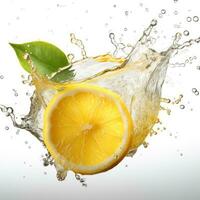 Fresco limón en agua chapoteo en blanco fondo jugoso fruta. generativo ai foto