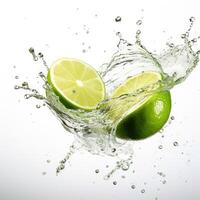 Fresh lime in water splash on white backround. Juicy fruit. Generative AI photo