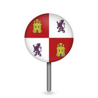 Map pointer with Castile and Leon flag, autonomous community of Spain. Vector illustration.