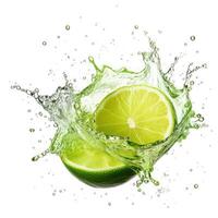 Fresh lime in water splash on white backround. Juicy fruit. photo