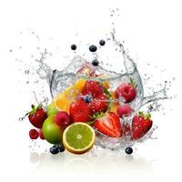 Fresco frutas y bayas en agua chapoteo en blanco fondo jugoso fruta. generativo ai foto