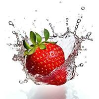 Fresco fresa en agua chapoteo en blanco fondo jugoso fruta. generativo ai foto