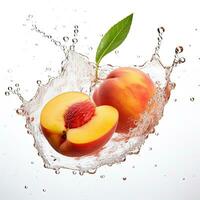 Fresh peach in water splash on white backround. Juicy fruit. Generative AI photo