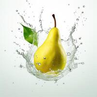 Fresh yellow pear in water splash on white backround. Juicy fruit. photo